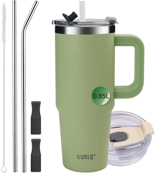 SUNTQ 30oz Edelstahl Tumbler mit Griff und Strohhalm, Moss
