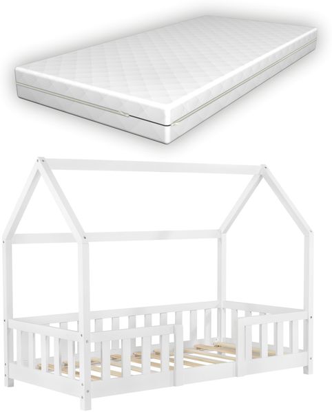 [en.casa] Hausbett weiß, 70x140 cm, mit Matratze und Rausfallschutz