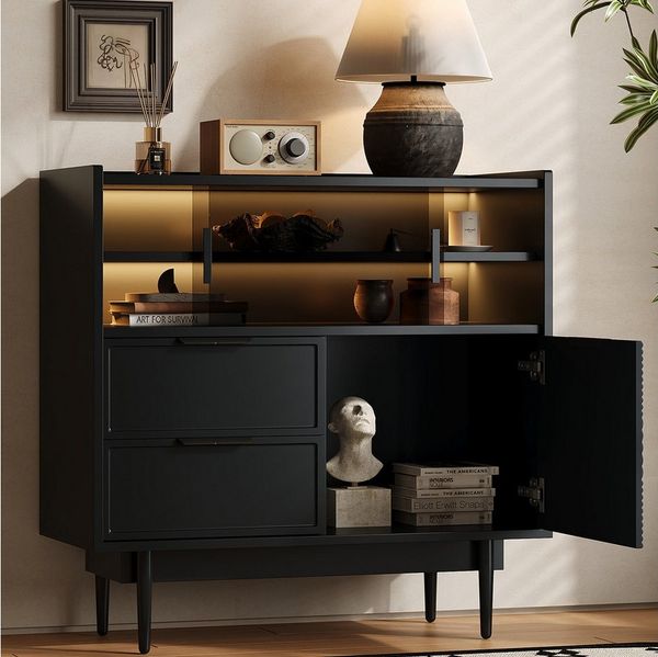 Flieks Sideboard mit 2 Schubladen und 2 Glasschiebetüren (1 St, B80/T35/H80 cm), Kommode mit LED-Beleuchtung Wohnzimmerschrank Schwarz, Metallbeine