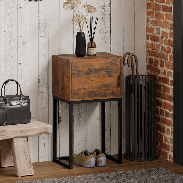 HOMCOM Konsolentisch Flurtisch mit Schrank, Beistelltisch im Modern-Design mit Stahlrahmen, Ausstellungstisch für Flur Wohnzimmer, 40 x 30 x 76 cm, Rustikal-Braun