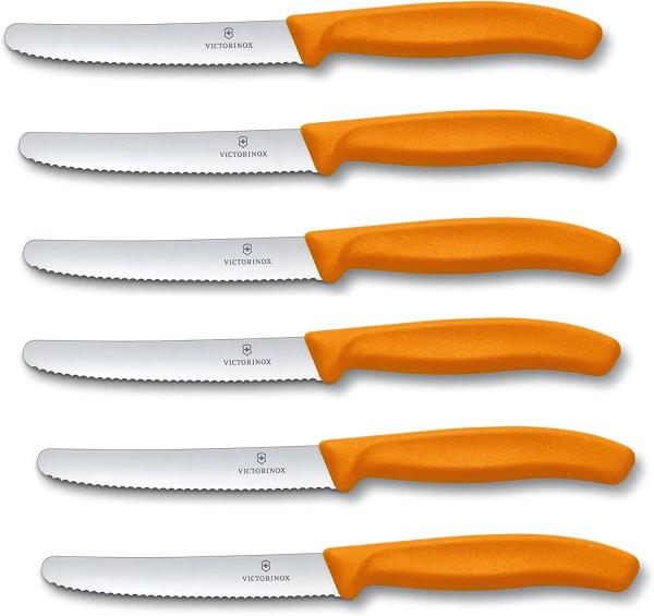 Victorinox 6 Stück Tafelmesser - Tomatenmesser Swiss Classic mit Wellenschliff rostfrei - Swiss Made - Orange