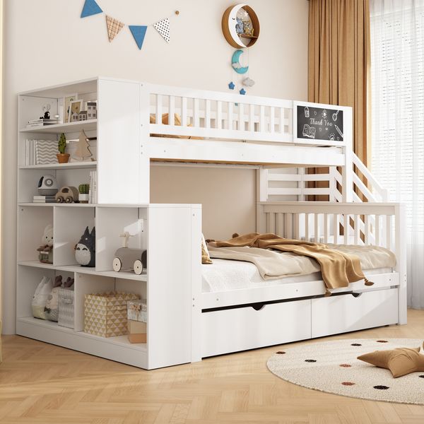 Etagenbett 90×200/140×200 cm mit Rausfallschutz, Treppe und Tafel, Weiß, ohne Matratze