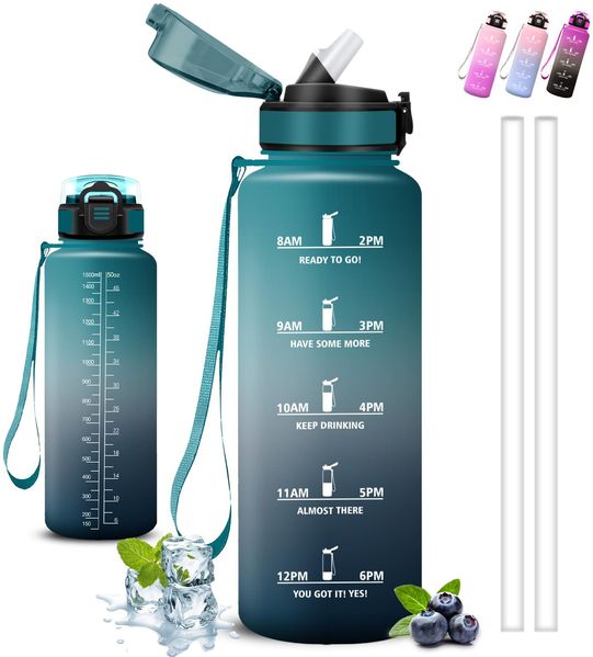 Trinkflasche Sport, Trinkflasche 1 5 liter, Wasserflasche mit Strohhalm, Leicht zu Reinigen, Flasche Auslaufsicher, Kann mit dir Tragen, Wasserflasche mit Zeitmarkierung, für Wandern, Fitness, Yoga