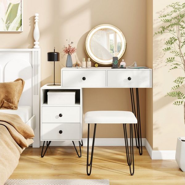 COSTWAY Schminktisch (1-St), Kosmetiktisch Set mit Hocker, Spiegel, Steckdose