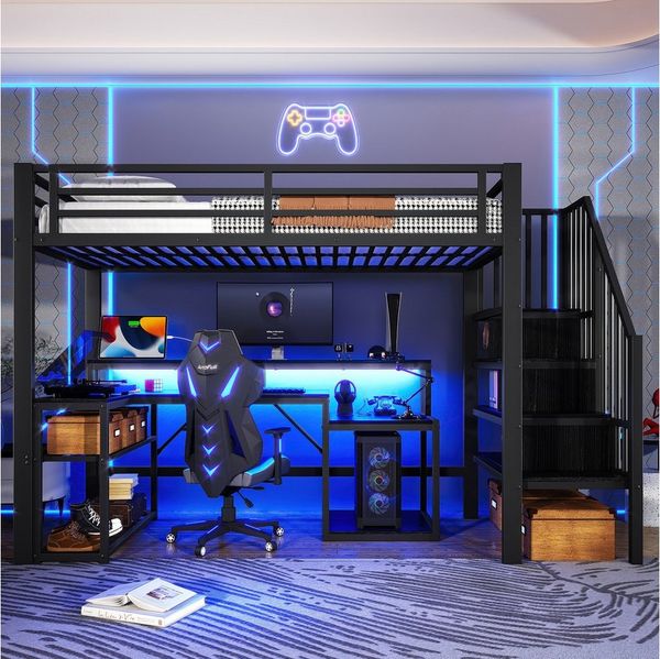 HAUSS SPOLE Hochbett mit Stauraum,90x200Metallbett Jugendbett mit LED&Schreibtisch (Treppenkonstruktion mit Stauraum & Sicherheitsgeländer, Kinderbett, Metallbett 90x200cm) ohne Matratze