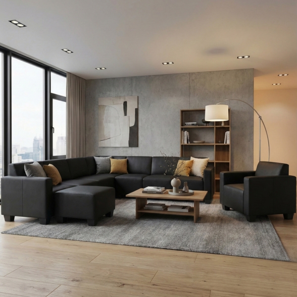 Modular Sofa-System Couch-Garnitur Lyon 6-2, Kunstleder ~ schwarz