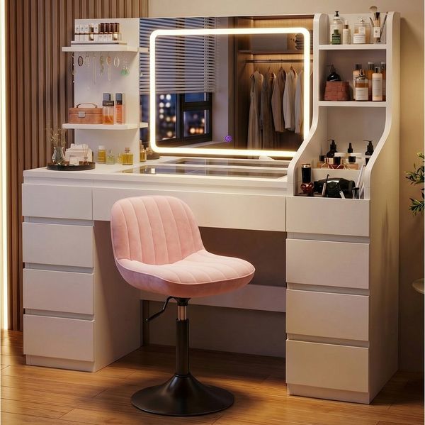 HOMALL Schminktisch Dreifarbiger, LED-beleuchteter Schminktisch Extra großer Stauraum (Maße: 135 × 40 × 137 cm, Arbeitsplatte aus gehärtetem Glas, mit 7 offenen Ablagefächern + 9 Schubladen, 2 Steckdosen + 1 USB-Anschluss + 1 Typ-C-Anschluss, Halterung...