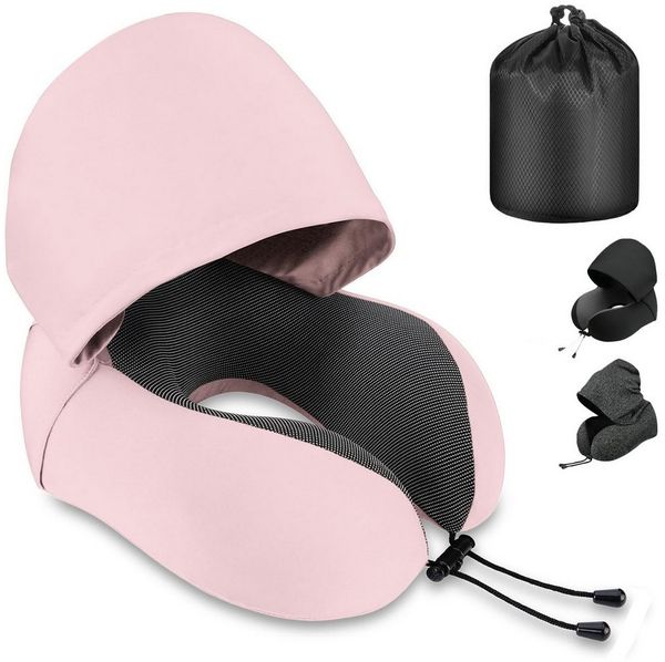 SURFOU Reisekissen Nackenkissen Flugzeug U-Form Nackenhörnchen Memory Foam mit Haube, Abnehmbarer, maschinenwaschbarer Kissenbezug, Verstellbare Kordel, Faltbares U-förmiges für optimale Nackenanpassung, Große Kapuze für effektiven Lichtschutz, mit Auf...