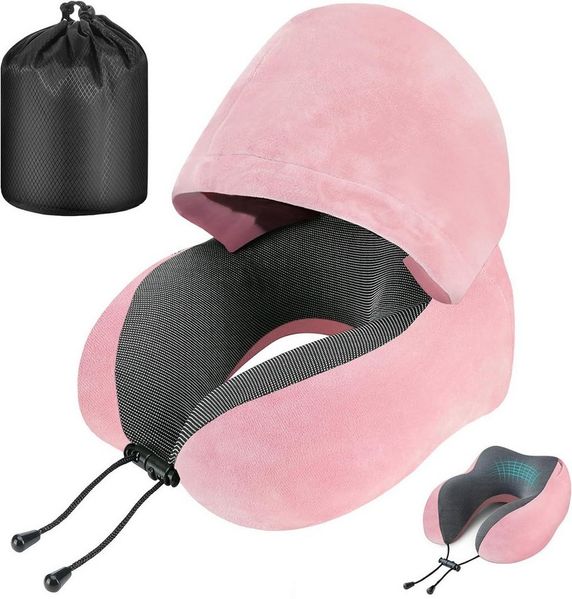 SURFOU Reisekissen Nackenkissen Flugzeug U-Form Nackenhörnchen Memory Foam mit Haube, Abnehmbarer, maschinenwaschbarer Kissenbezug, Verstellbare Kordel, Faltbares U-förmiges für optimale Nackenanpassung, Große Kapuze für effektiven Lichtschutz, mit Auf...