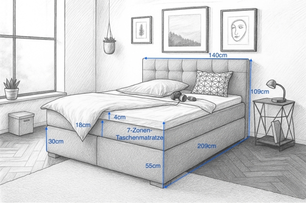 Boxspringbett TOM 140x 200 cm mit Matratze und gepolstertem Kopfteil. Farbe Schwarz Bild 5