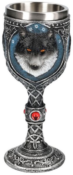 Figuren Shop GmbH Becher Wolf Kelch – Schattenwolf Ritual Kelch Fantasy Gothic Becher 19,5 cm, Kunststein (Polyresin), Edelstahl