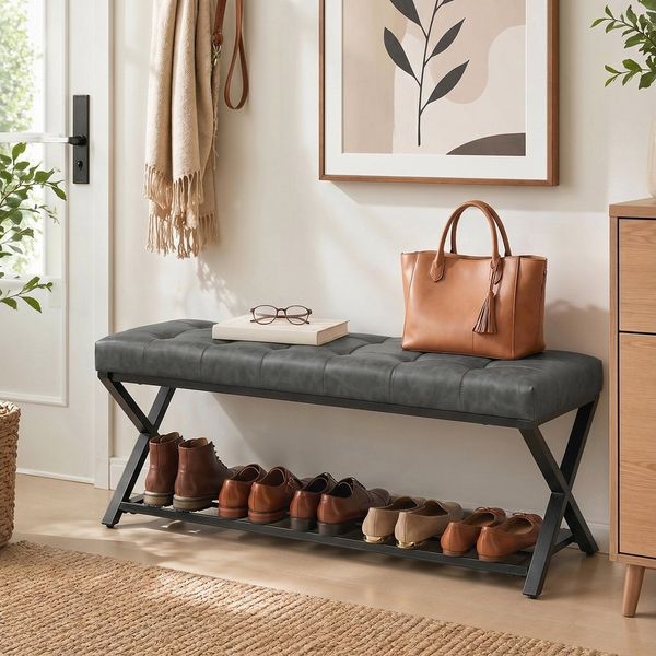 HOMCOM Schuhbank gepolstertes Schuhregal (Industrielle Sitzbank, 1-St, inkl. Sitzkissen), für Flur Eingangsbereich, 112 x 37 x 47 cm, Dunkelgrau