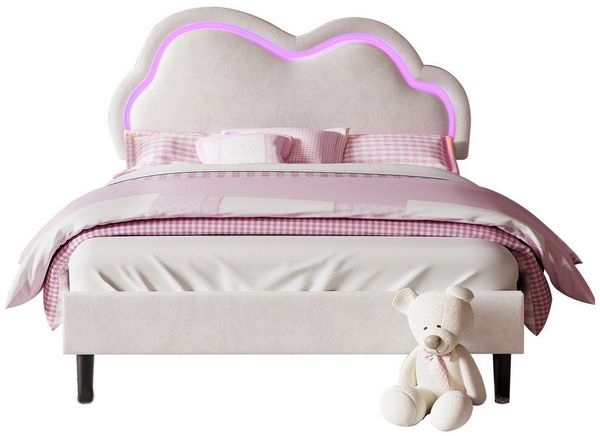 AMERLIFE Kinderbett Jugendbett für Mädchen in Samt-Optik mit LED-Beleuchtung (Ohne Matratze), Wolken-Kopfteil & praktischem Stauraum, 90x200 cm