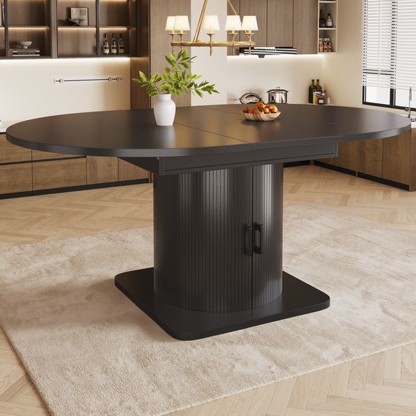 Esstisch Ausziehbarer 118-158×118×76 cm aus MDF und Metall mit integriertem Stauraum, schwarz