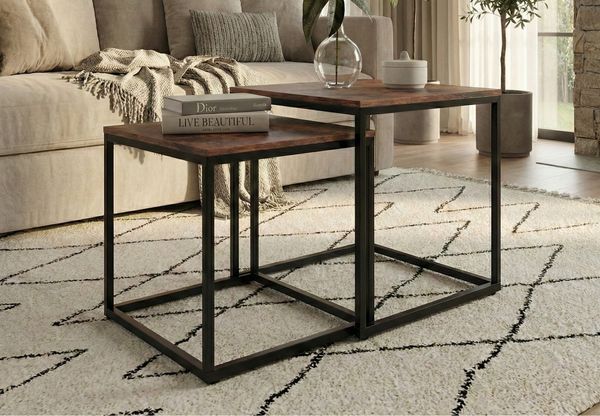 Home Collective Couchtisch Kleiner 2er Set aus Holz, Wohnzimmertisch Modern (Beistelltisch Set 2 in 1 mit Metallgestell, Büro Beistelltisch Loft Design TWIN, kratzfeste Oberfläche, Set 2 in 1), Rund in Eiche dunkel, für Wohnzimmer