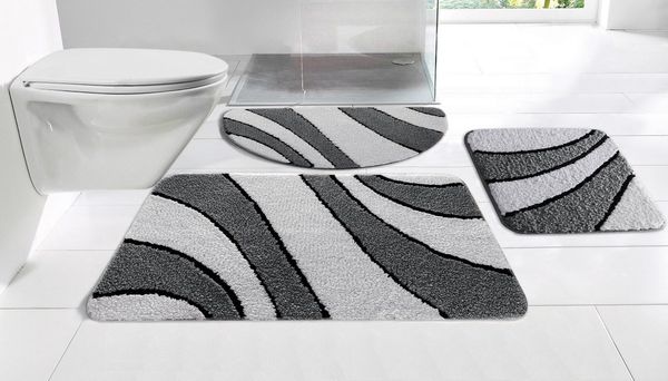 OTTO home Badematte Anna, Badvorleger, Badezimmer Teppich, Höhe 16 mm, rutschhemmend beschichtet, schnell trocknend, fußbodenheizungsgeeignet, Polyester, rechteckig, 3tlg Set Hänge WC, Badteppich, Hoch Tief Effekt, Modern, Weich, Wellen