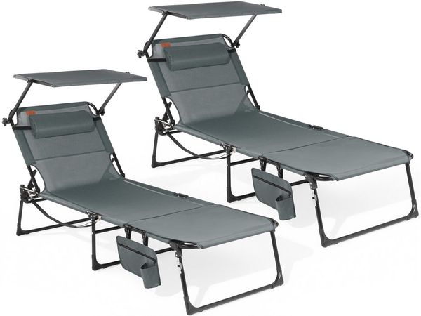 HOMECALL Gartenliege Sonnenliege mit Gesichtsöffnung und Sonnendach, klappbarer Liegestuhl, bis180 kg 200x70 cm 4-Fach verstellbare Rückenlehne, 2 St, für Garten, Strand und Camping