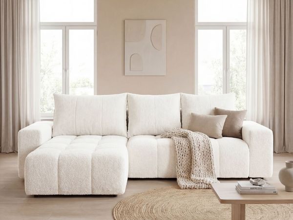 GRAINGOLD Ecksofa Bresso, Universelles Ecksofa mit Schlaffunktion, gesteppte Sitzfläche, Bouclé-Stoff, Creme