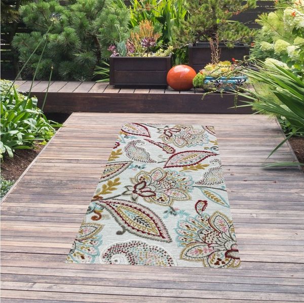 TeppichHome24 Outdoorteppich In und Outdoor Teppich mit Blumen Muster in creme grau bunt, Rechteckig
