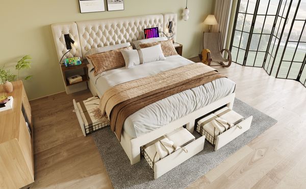 Bettanlage, Samt, mit 2 Nachttischen & USB-Anschluss, 160x200 cm, Beige, ohne Matratze