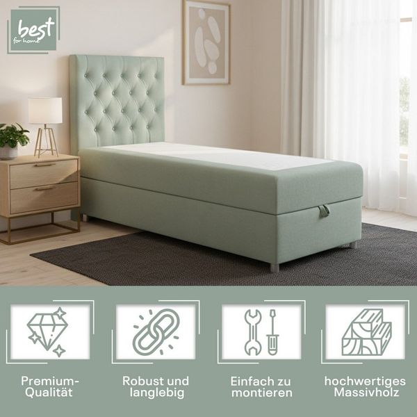 Best for Home Boxspringbett Boxspringbett mit Bettkasten K-14 SINGLE inkl. Bonell-Matratze (Einzelbett, Polsterbett gepolstertes Kopfteil, Jugendbett, Kinderbett, 70x200 80x200 90x200 100x200 cm), Handwerksqualität, TOP Preis-Leistungs-Verhältnis