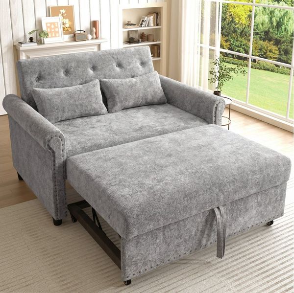 Merax Schlafsofa Sofabett, 2-Sitzer-Sofa aus Chenille, 120 x 80 x 82 cm/120 x 170 x 59 cm 1 Teile, 3-in-1 Schlafsofa mit verstellbarer Rückenlehne, 2 Kissen & Armlehnen