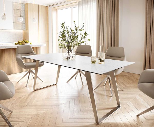 Esstisch Edge 200x100 Keramik Laminam® Statuarietto Weiß Edelstahl Schräg