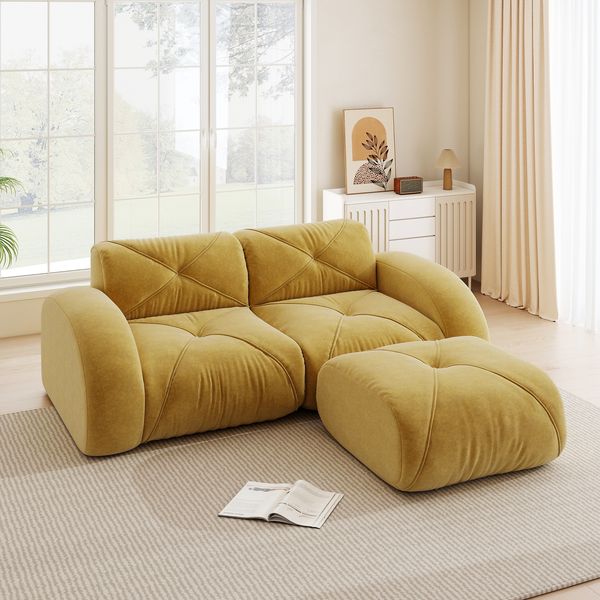 Flieks Modulares Sofa 2-Sitzer mit Hocker, Cloud Sofa mit runden Armlehnen, Chenille weich, rahmenlos bodennah, Lounge Sofa, Gelb
