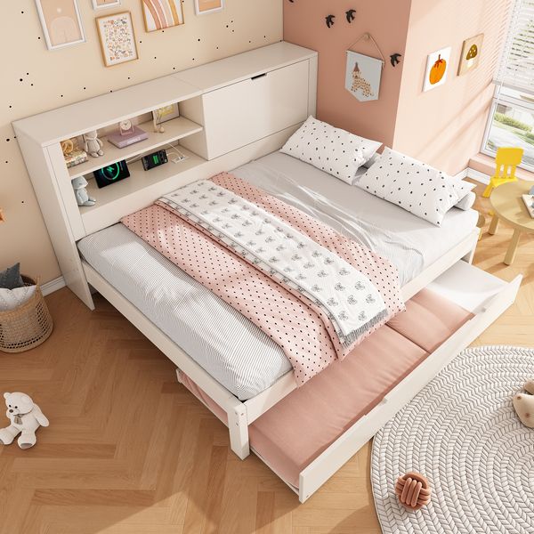 Merax Doppelbett, Schlafsofa, 140×190 cm, Kinderbett, Daybett mit Ausziehbett 90×190, mit Stauraum‑Rückwand, offenes Fach, verdeckter Klapp‑Stauraum, USB Ladestation, weiß