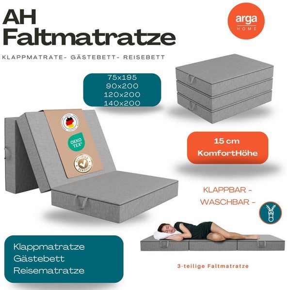 Reisebett-Matratzen AH-Falt Klappmatratze, Gästematratze, 15 cm Faltmatratze, 3-teilig, ARGAHOME, 15 cm hoch, (AH_FALT_15, Faltbare Matratze), Breite 75 x 195 cm, waschbare Bezug