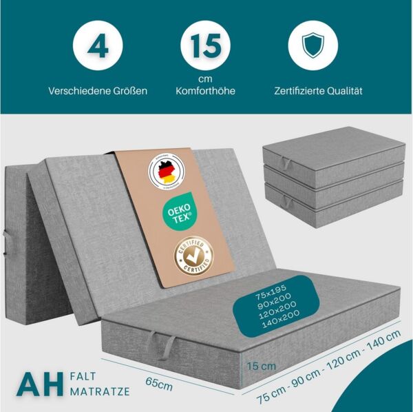 Klappmatratze AH-Falt Klappmatratze, Gästematratze, 15 cm Faltmatratze, 3-teilig, ARGAHOME, 15 cm hoch, (AH_FALT_15, Faltbare Matratze), Breite 75 x 195 cm, waschbare Bezug
