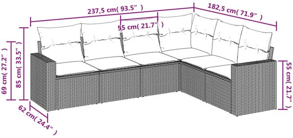 vidaXL 6-tlg. Garten-Sofagarnitur mit Kissen Braun Poly Rattan 3251350 Bild 3