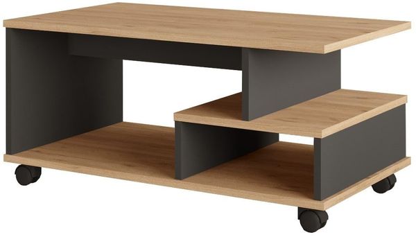 Stilvoller Couchtisch mit Rollen, Eiche & Anthrazit, 90 x 51 x 42,5 cm | 100% melaminbeschichtet, 18 mm stark | Modernes Design fürs Wohnzimmer