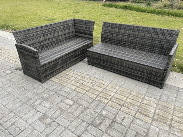Fimous 9 Sitzer Rattan Gartenmöbel Set Ecksofa Set aus Polyrattan mit Quadratischer Couchtisch 2 kleine Fußhockern Sesseln Dunkelgrau gemischt Bild 4