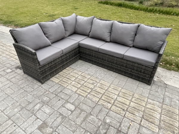 Fimous 9 Sitzer Rattan Gartenmöbel Set Ecksofa Set aus Polyrattan mit Quadratischer Couchtisch 2 kleine Fußhockern Sesseln Dunkelgrau gemischt Bild 3