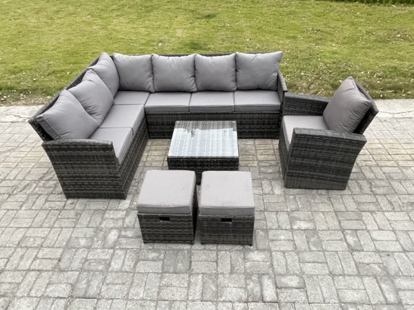 Fimous 9 Sitzer Rattan Gartenmöbel Set Ecksofa Set aus Polyrattan mit Quadratischer Couchtisch 2 kleine Fußhockern Sesseln Dunkelgrau gemischt Bild 2