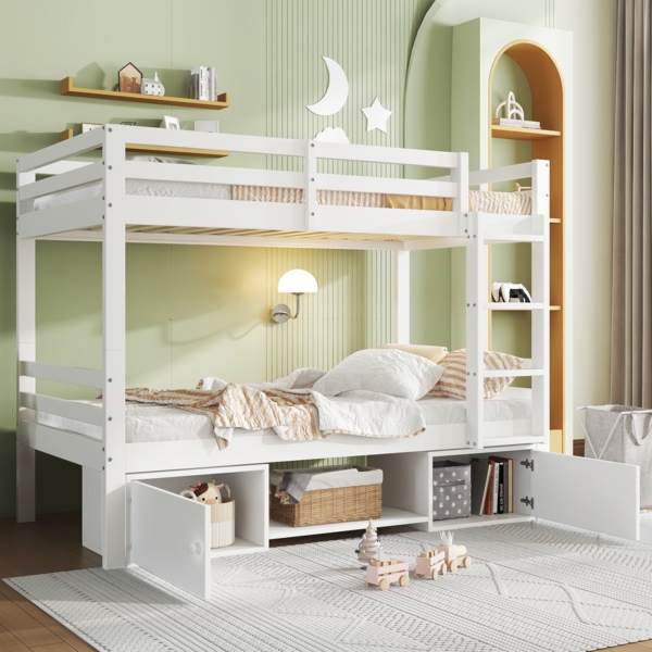 Kinder Etagenbett 2-in-1 mit Schuhregalen & Schließfächern, teilbar zu 2 Einzelbetten, weiß, Kinderzimmermöbel