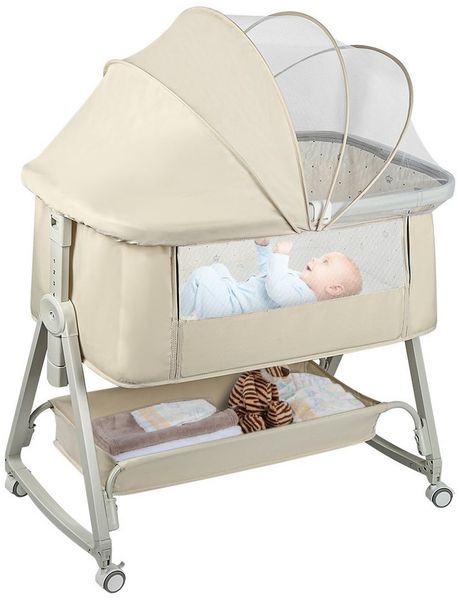 JEOBEST Beistellbett 3 in1 Babybetten mit Rollen, Beistellbett Baby mit Moskitonetz, (6 Fach Höhenverstellung und Neigungsverstellung)mit Aufbewahrungskorb