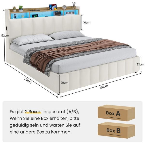 KIMENICH Polsterbett mit LED Beleuchtung und Ladefunktion (1-tlg, Ohne Matratze), Jugendbett Hydraulisches Stauraumbett, 160x200 cm