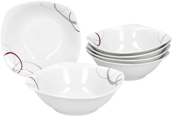 6er Set Müslischale Palazzo 14,2cm - kleine Schale / Schüssel aus weißem Porzellan mit Dekor-Kreisen in grau und dunkelrot