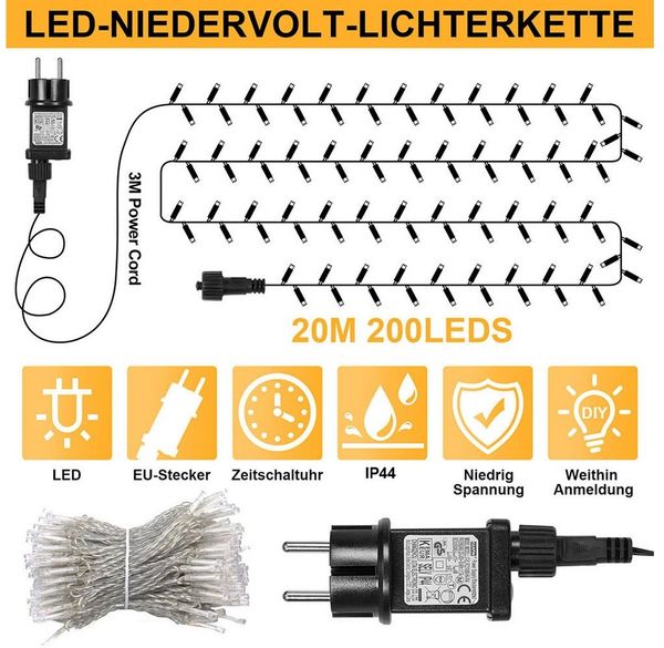 SERBASIC Lichterkette 20-100M LED-Lichterkette mit Stecker, Timer, 8 Modi, 31V DC, für Innen Außen, Garten, Hochzeit, Party, Weihnachtsbaum