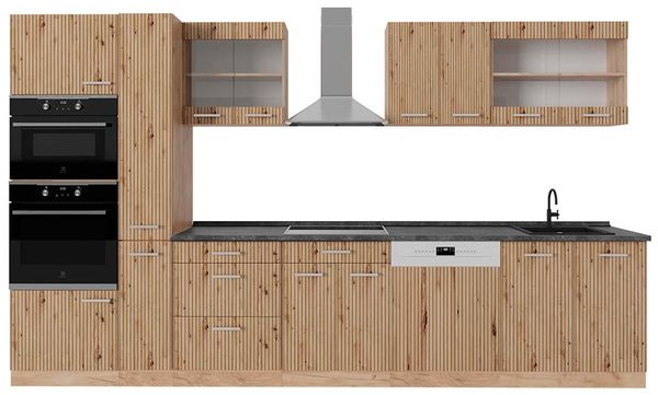 Küchenzeile R-Line Artisan-Eiche/Goldkraft Eiche 350 cm mit Hochschrank, AP Anthrazit Vicco