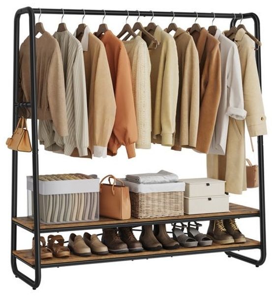 VASAGLE Kleiderständer, Garderobenständer, Garderobe, 2 Ablagen, 6 Haken in S-Form, Stahlgestell, vintagebraun-schwarz