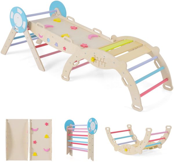 3er Set Klettergerüst mit Rutsche & Kletterbogen & Baustein Set Klappabres Kletterdreieck Mehrfarbig