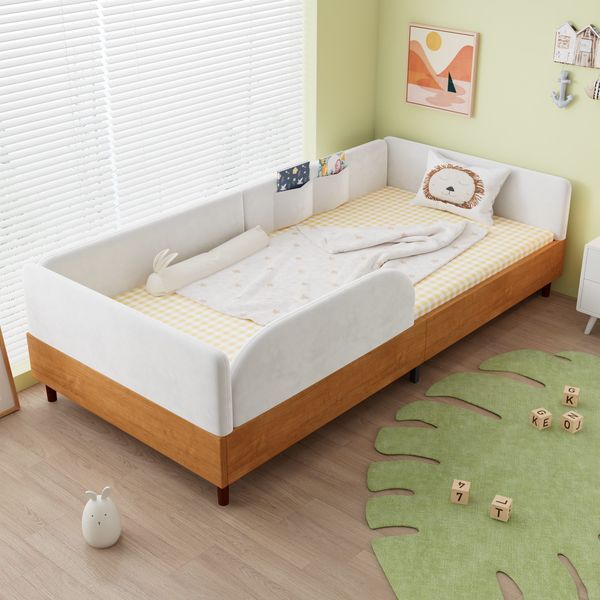 Kinderbett mit Lattenrost, 2 Taschen und Rausfallschutz, 90x200 cm, Polsterbett, Einzelbett, Samt