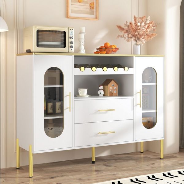 Merax Sideboard mit Glasfronten, integriertem Weinregal & goldfarbenen Aluminiumbeinen (1 St, 120x38x90cm), Buffetschrank Kommode mit verstellbaren Einlegeböden & 2 Schubladen