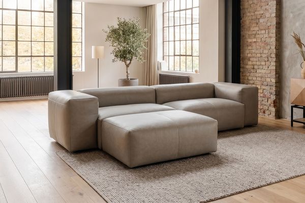 KAWOLA Sofa CELESTE 4-Sitzer mit Hocker Leder grau 72 x 114 x 302 cm