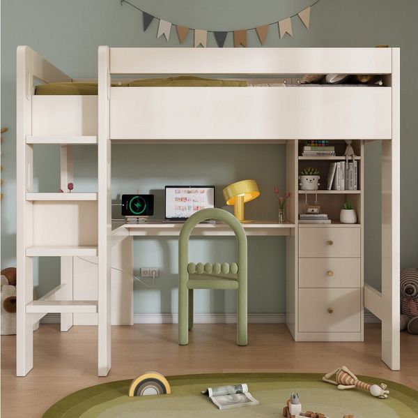 Flieks Hochbett Kinderbett 90x200 cm mit USB & Type-C, Schreibtisch und Schrank