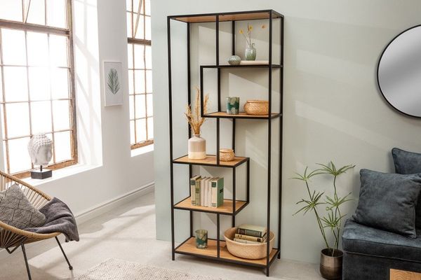 riess-ambiente Standregal SLIM LINE 185cm natur / schwarz, Einzelartikel 1-tlg, Wohnzimmer · Wildeiche-Design · Metall · mit Ablage · Industrial