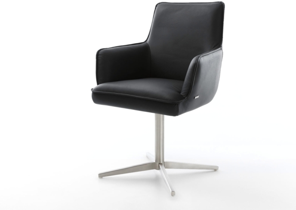 Drehstuhl Heira-Flex mit Armlehnen Echt-Leder Schwarz Fußkreuz Edelstahl 360° drehbar Taschenfederkern